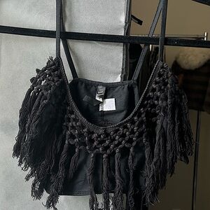 Black |Vintage| Bear Dance | Knitted-Fringe - Bralette / Crop Tank Top